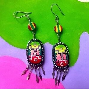Vintage 80s Hand-Painted Wood Earrings - Native Western Boho Style